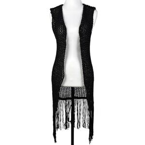 Mango Crochet Open Knit Vest Womens XS Black Fringe Longline Boho Whimsygoth